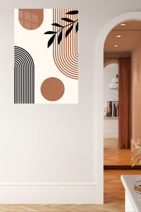Earthy Leaf and Arch Abstraction metal wall art displayed in a contemporary living space
