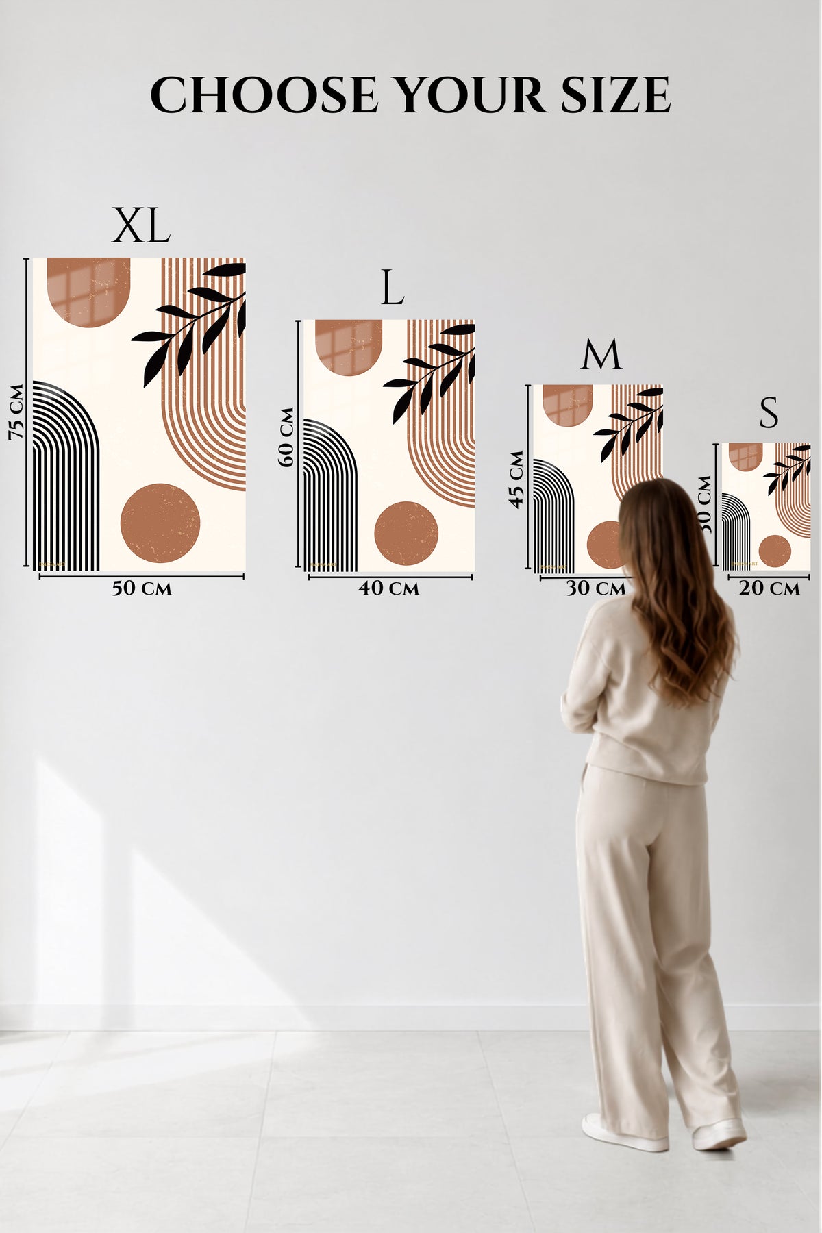 EMESA metal wall art size comparison guide for Earthy Leaf and Arch Abstraction