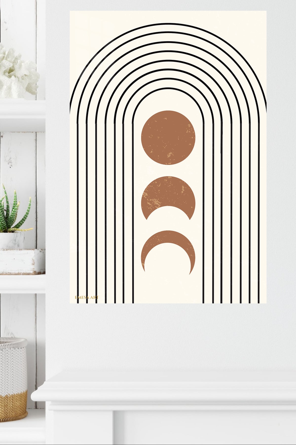 Terracotta Moon Phases Arch metal wall art displayed in a modern interior