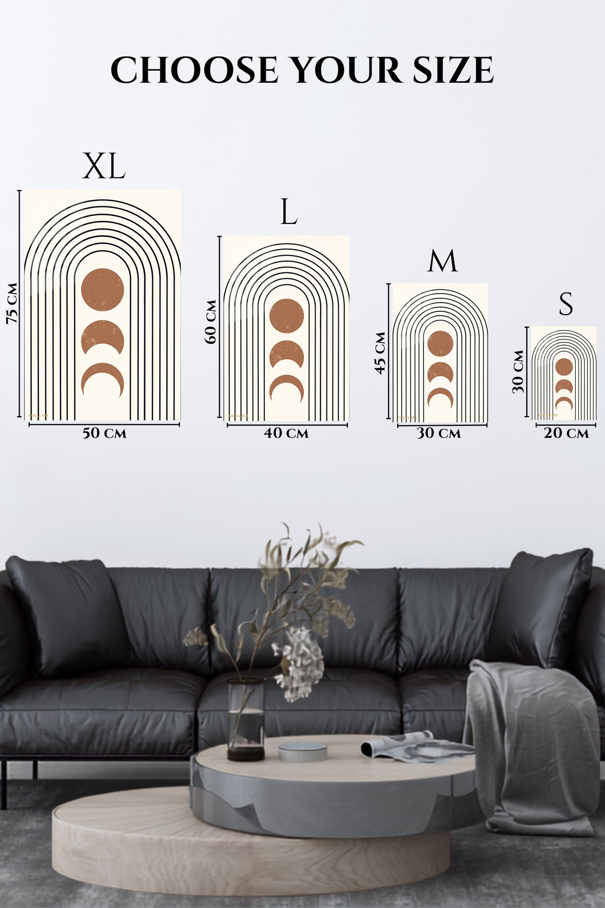 EMESA metal wall art size comparison guide for Terracotta Moon Phases Arch