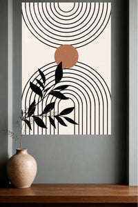 Terracotta Sun and Botanical Arches metal wall art displayed in a modern interior