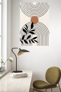 Terracotta Sun and Botanical Arches metal wall art displayed in a contemporary living space