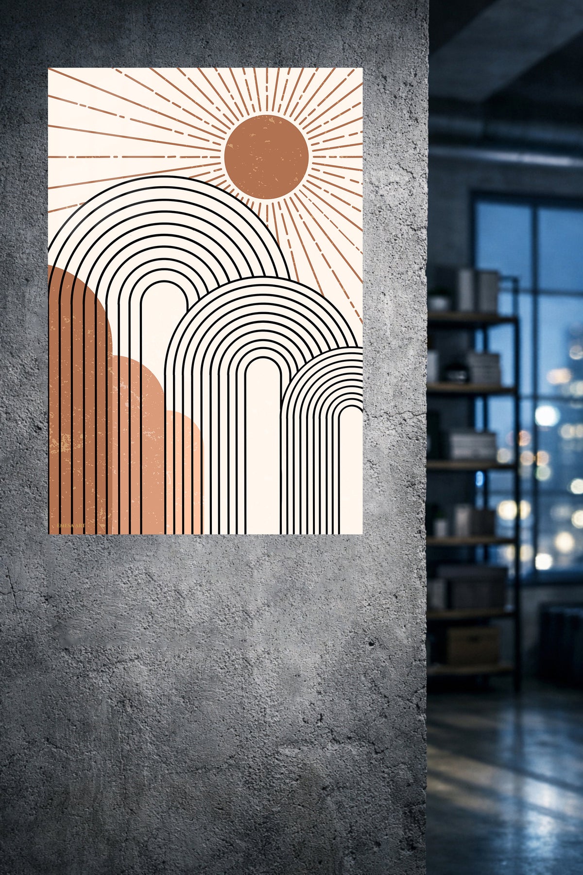 Terracotta Sun and Archways metal wall art displayed in a modern interior