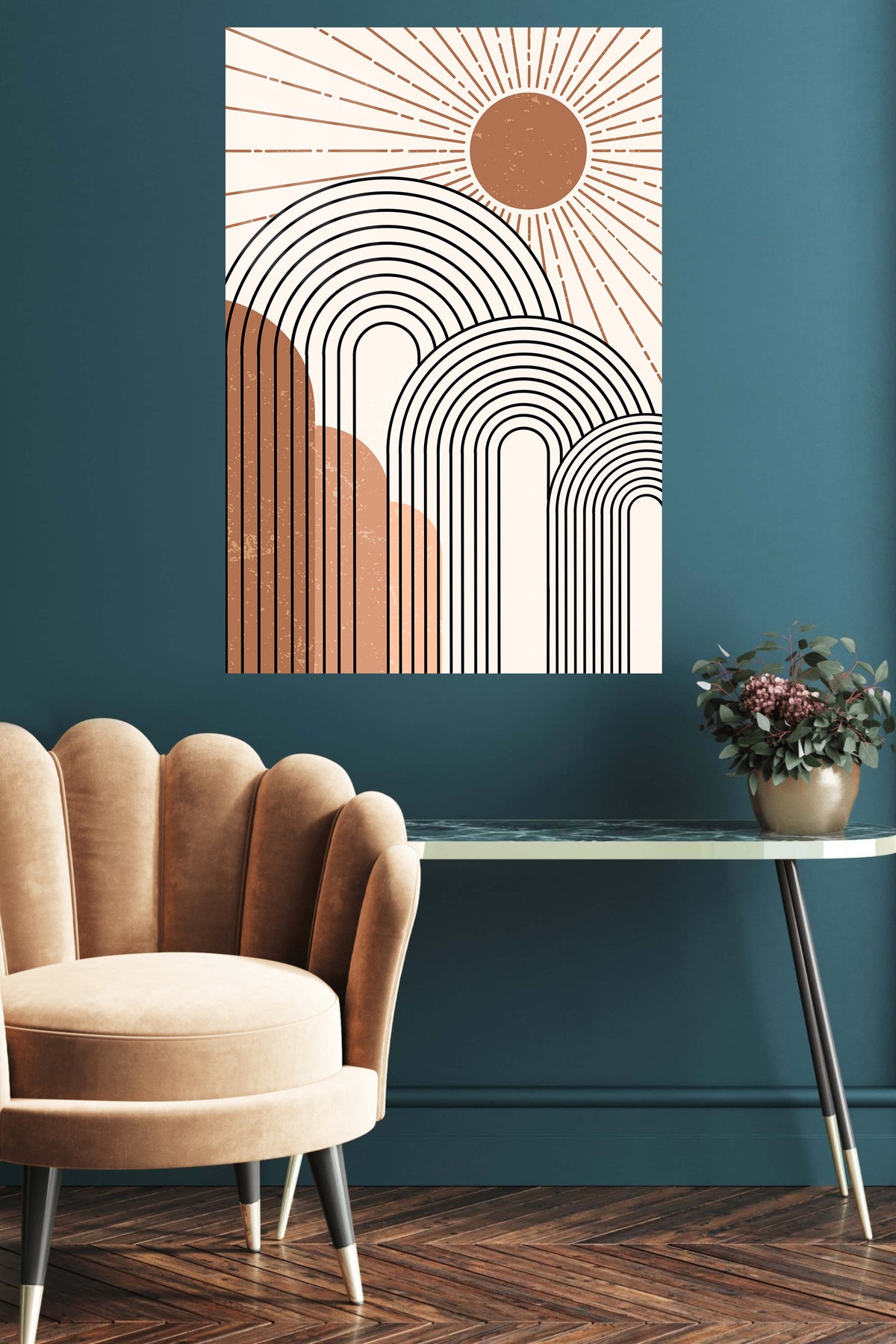 Terracotta Sun and Archways metal wall art displayed in a contemporary living space