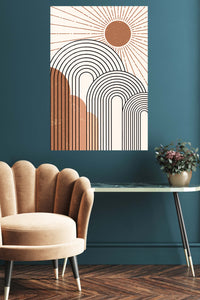 Terracotta Sun and Archways metal wall art displayed in a contemporary living space
