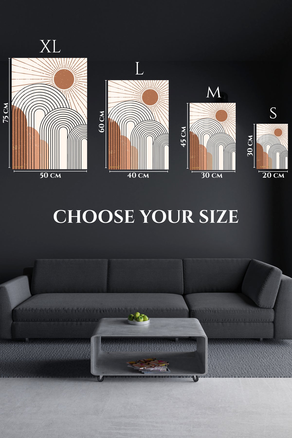 EMESA metal wall art size comparison guide for Terracotta Sun and Archways