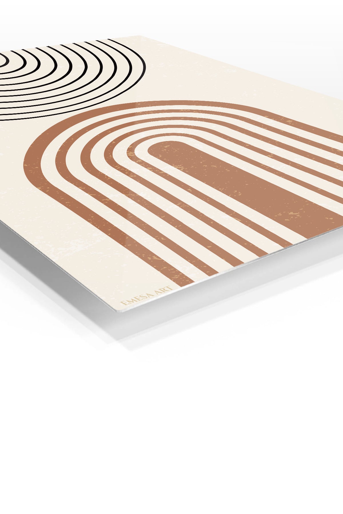 Earthy Arch and Circle premium metal wall art – angled view