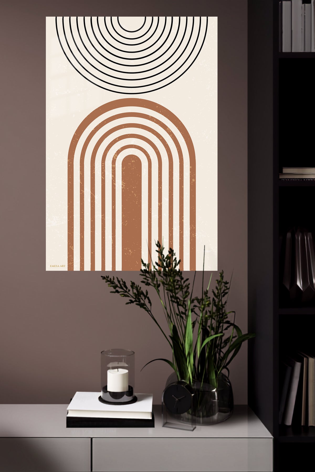Earthy Arch and Circle metal wall art displayed in a modern interior