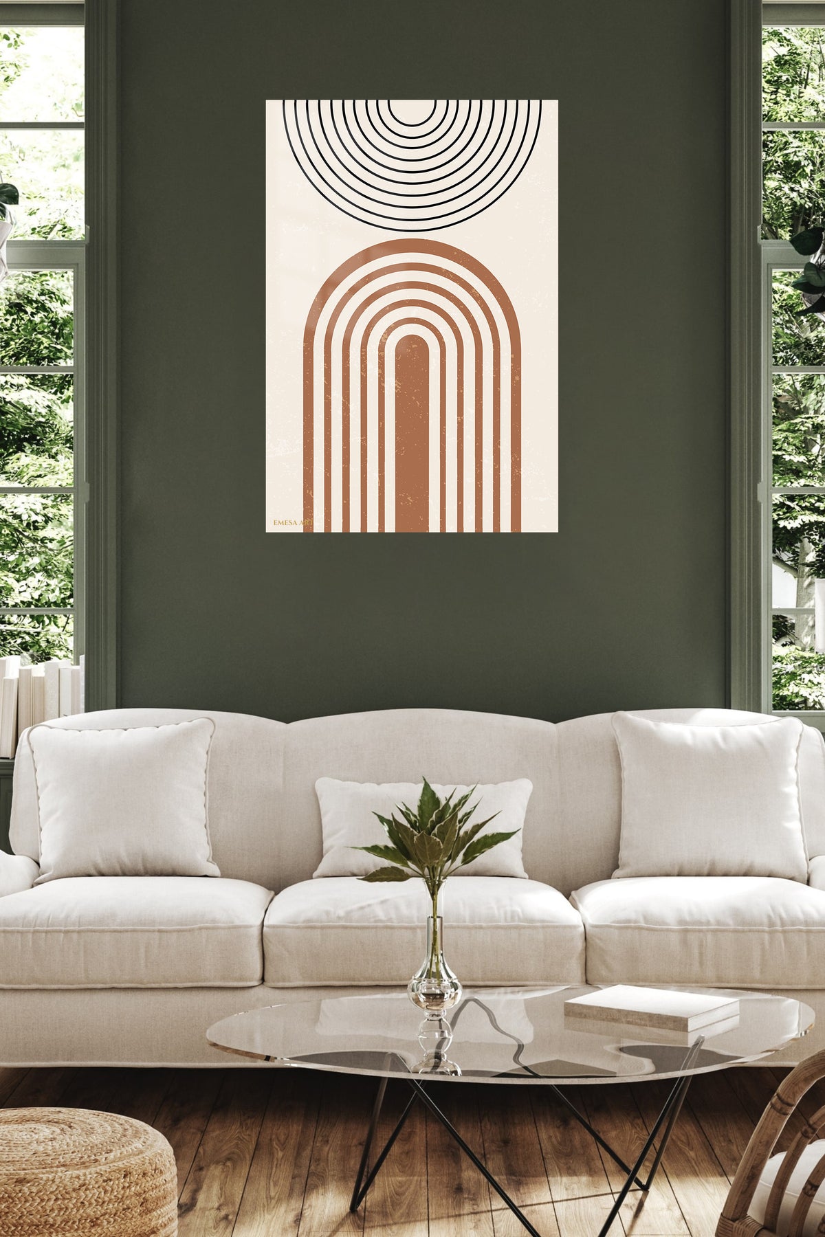 Earthy Arch and Circle metal wall art displayed in a contemporary living space