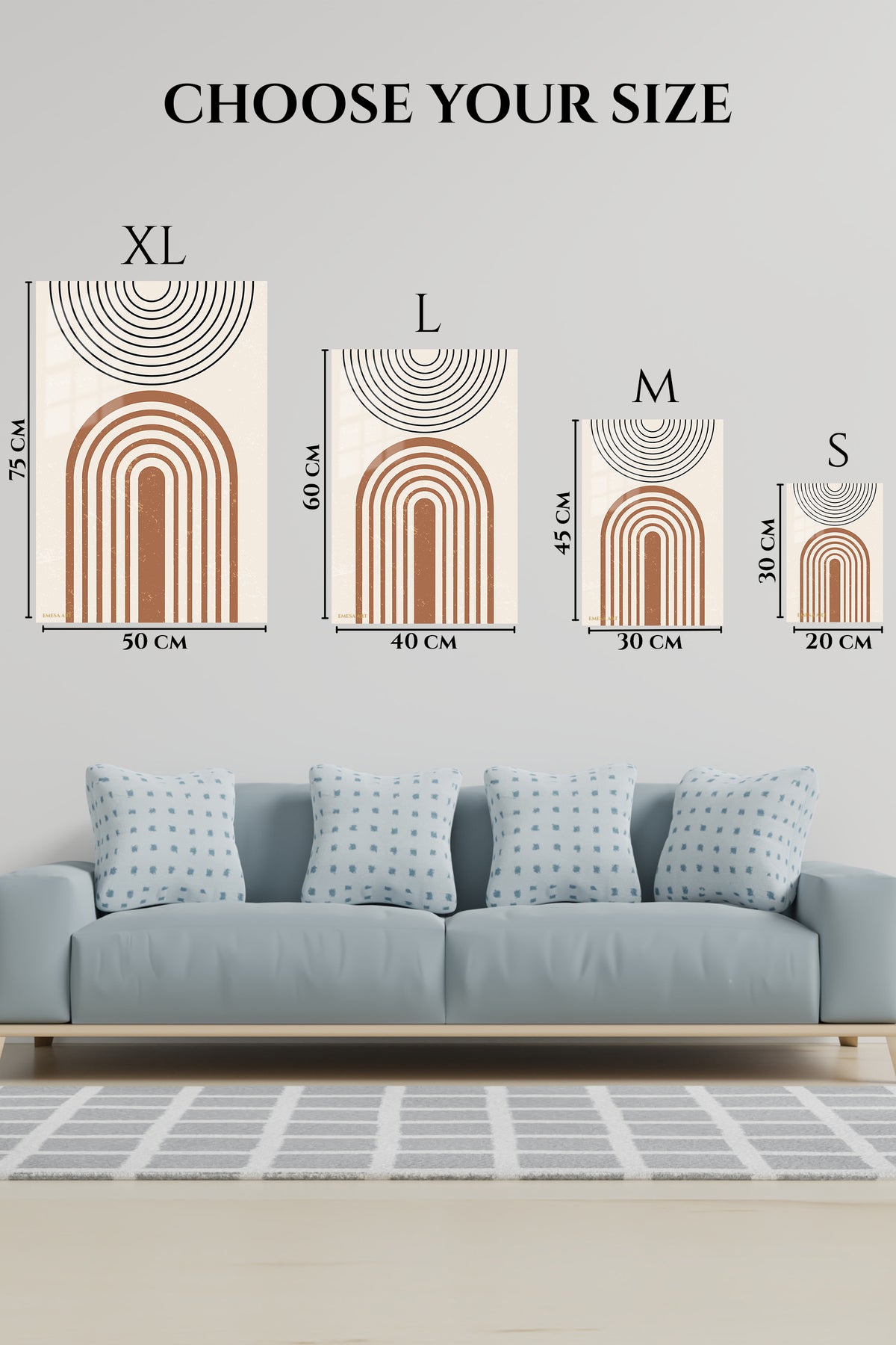 EMESA metal wall art size comparison guide for Earthy Arch and Circle