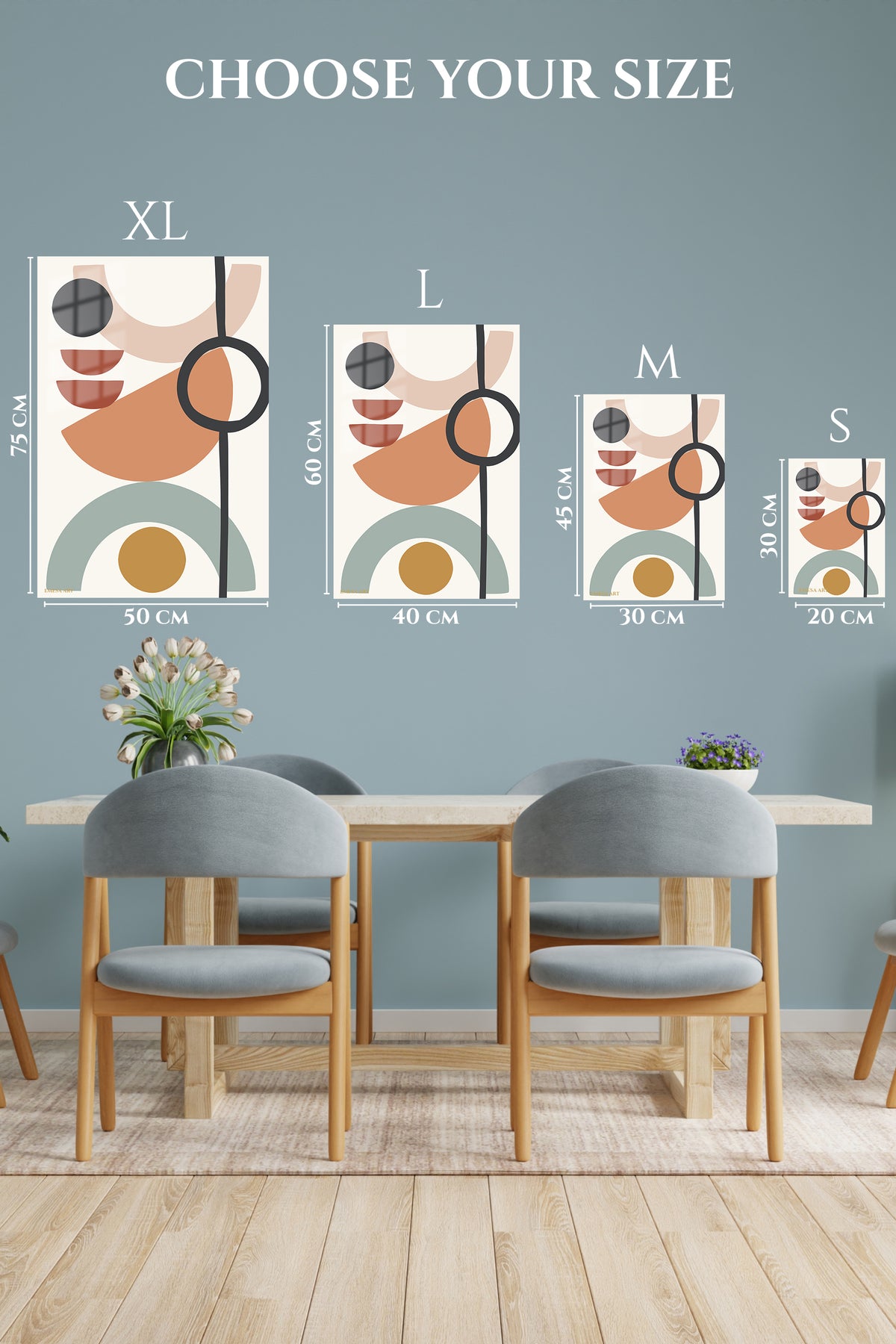 EMESA metal wall art size comparison guide for Earthy Geometric Balance