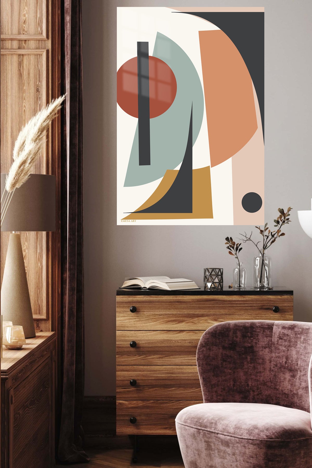 Earthy Geometric Balance metal wall art displayed in a contemporary living space