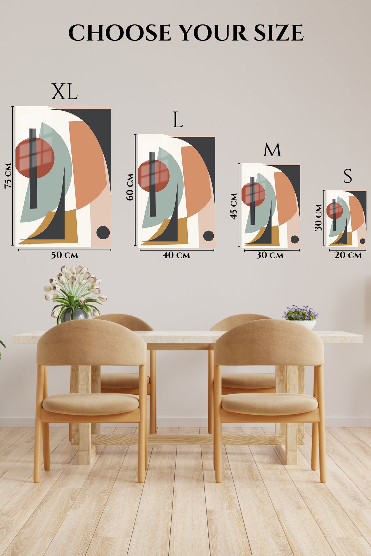 EMESA metal wall art size comparison guide for Earthy Geometric Balance