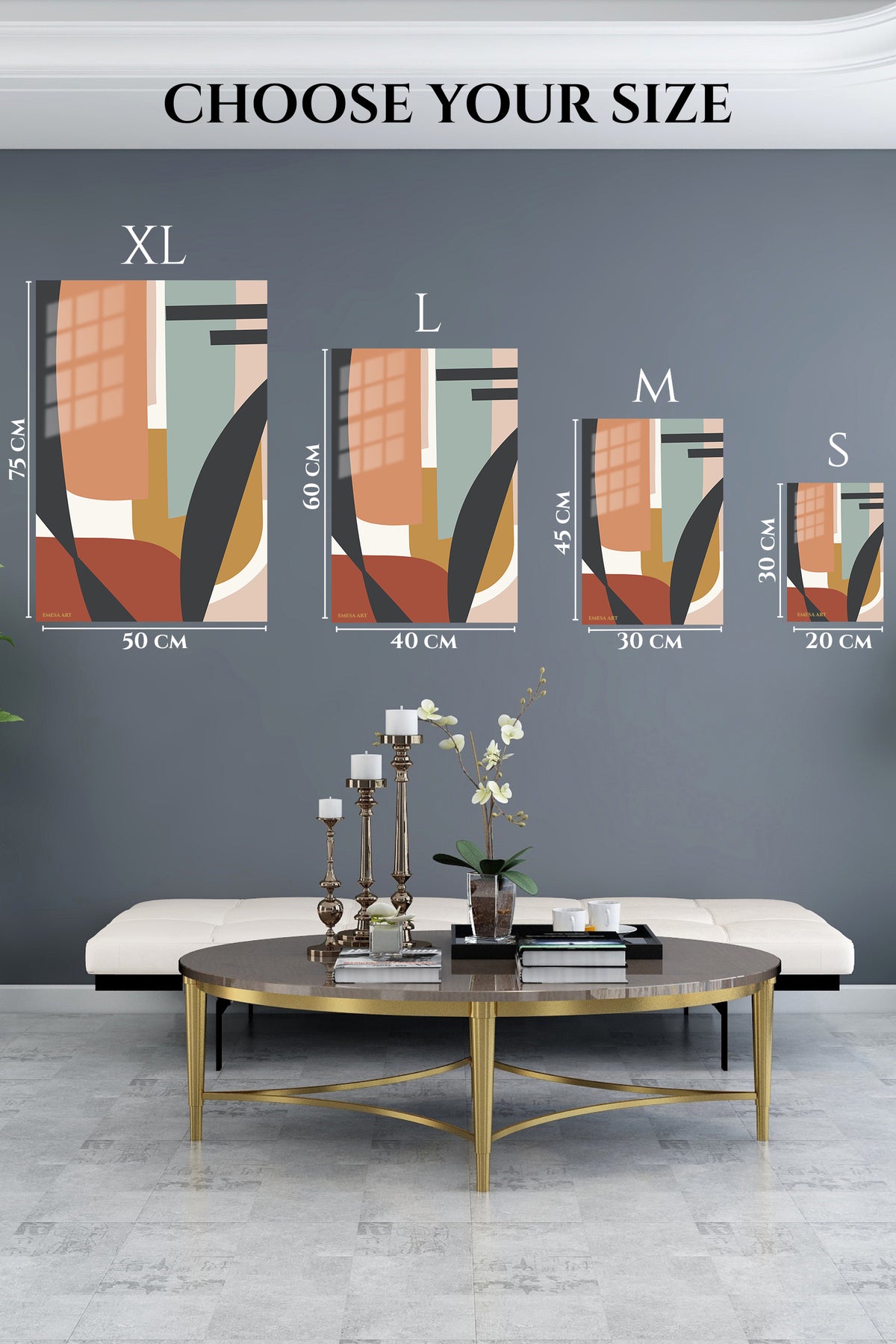EMESA metal wall art size comparison guide for Earth Tone Abstract Arches