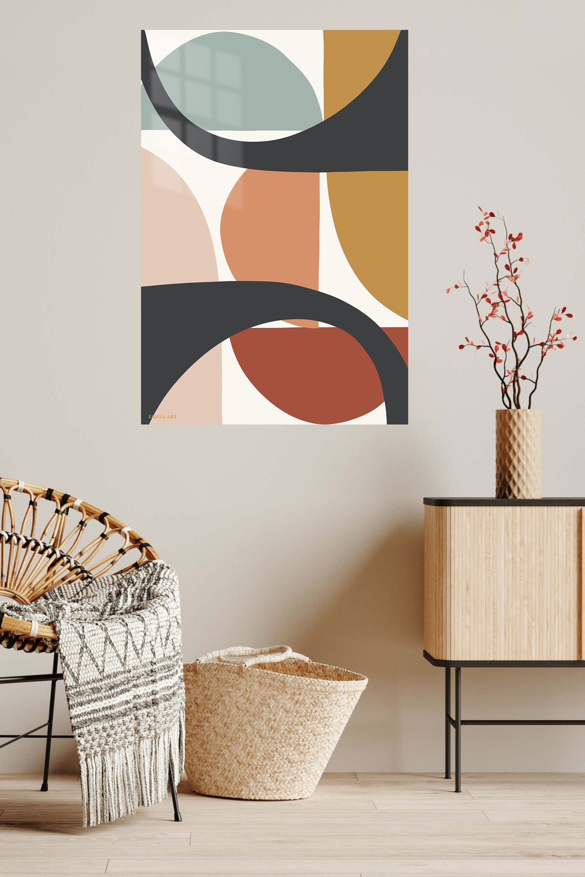 Earthtone Arc Composition metal wall art displayed in a contemporary living space