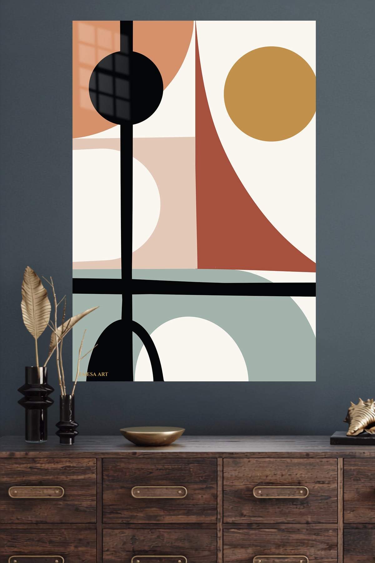 Earthy Geometric Balance metal wall art displayed in a modern interior