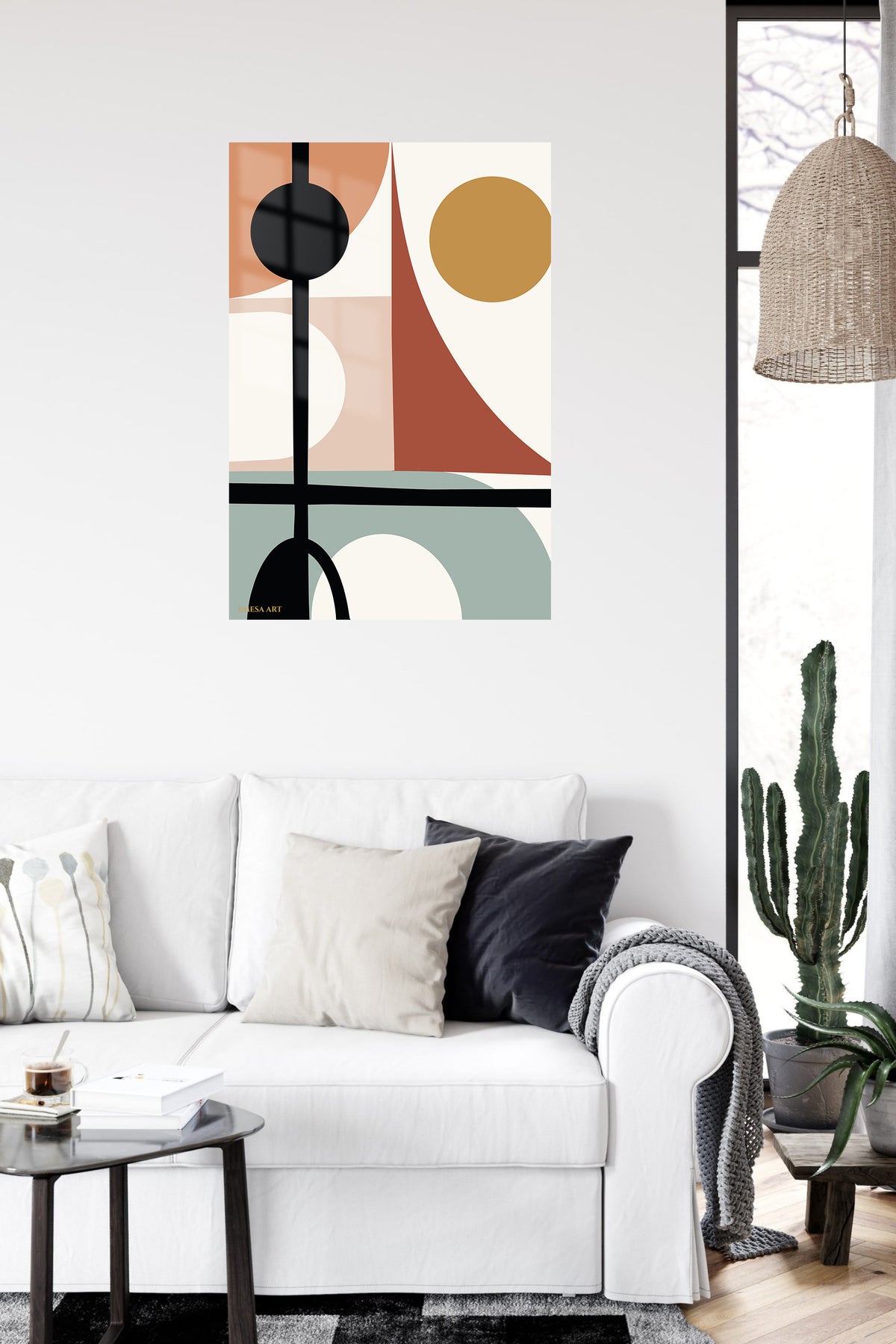 Earthy Geometric Balance metal wall art displayed in a contemporary living space