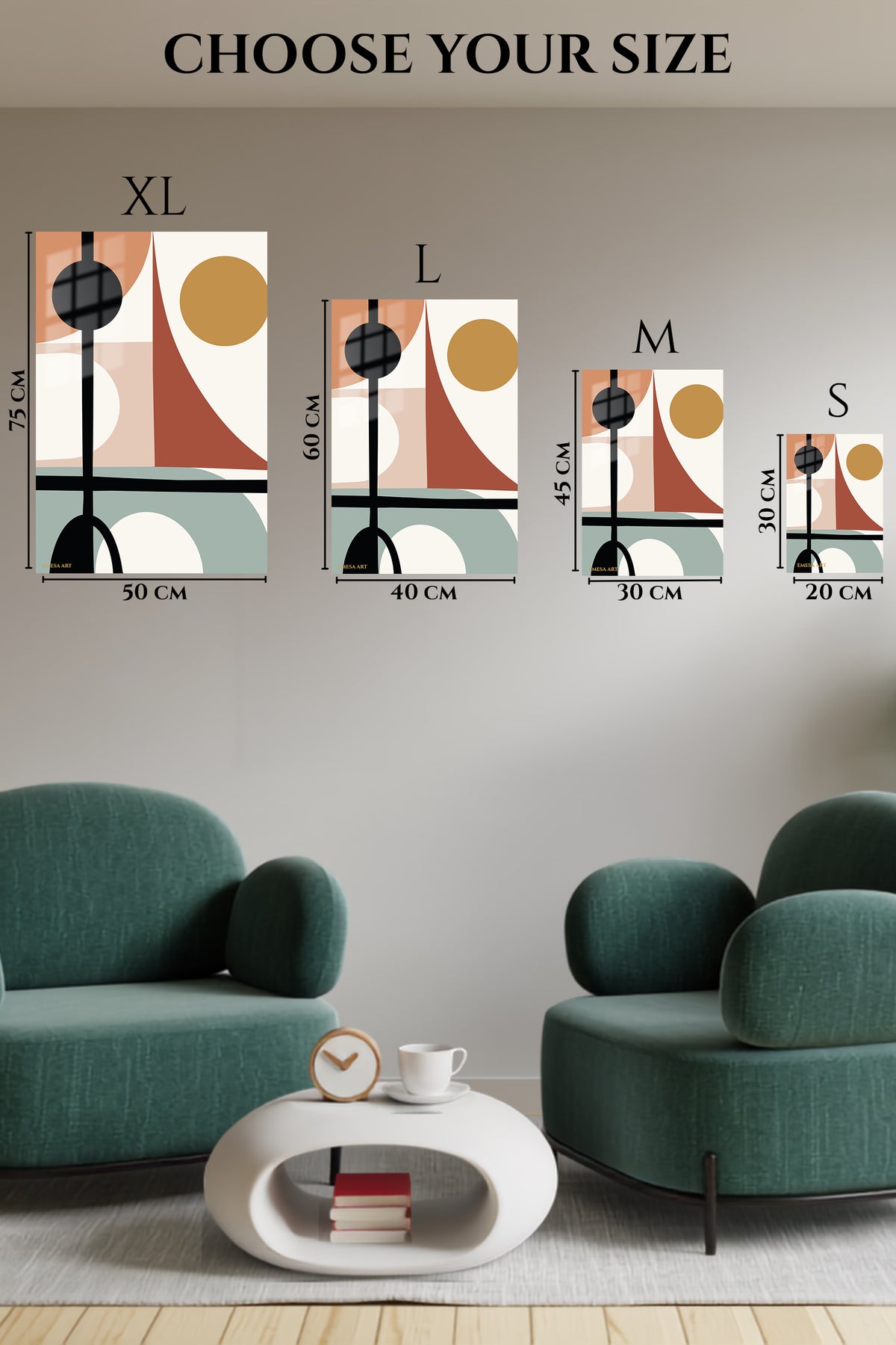 EMESA metal wall art size comparison guide for Earthy Geometric Balance