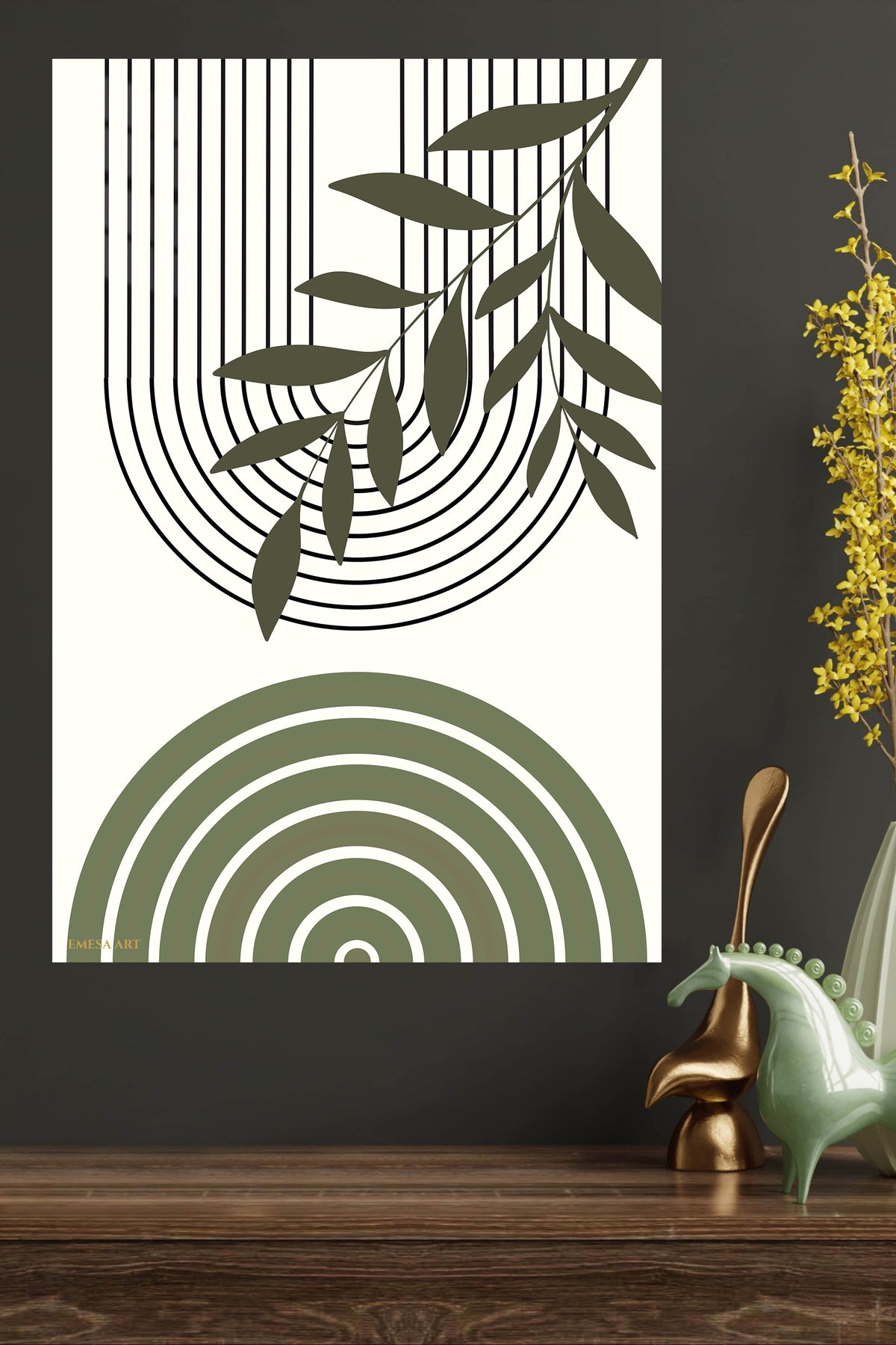Olive Branch and Arch Forms metal wall art displayed in a modern interior