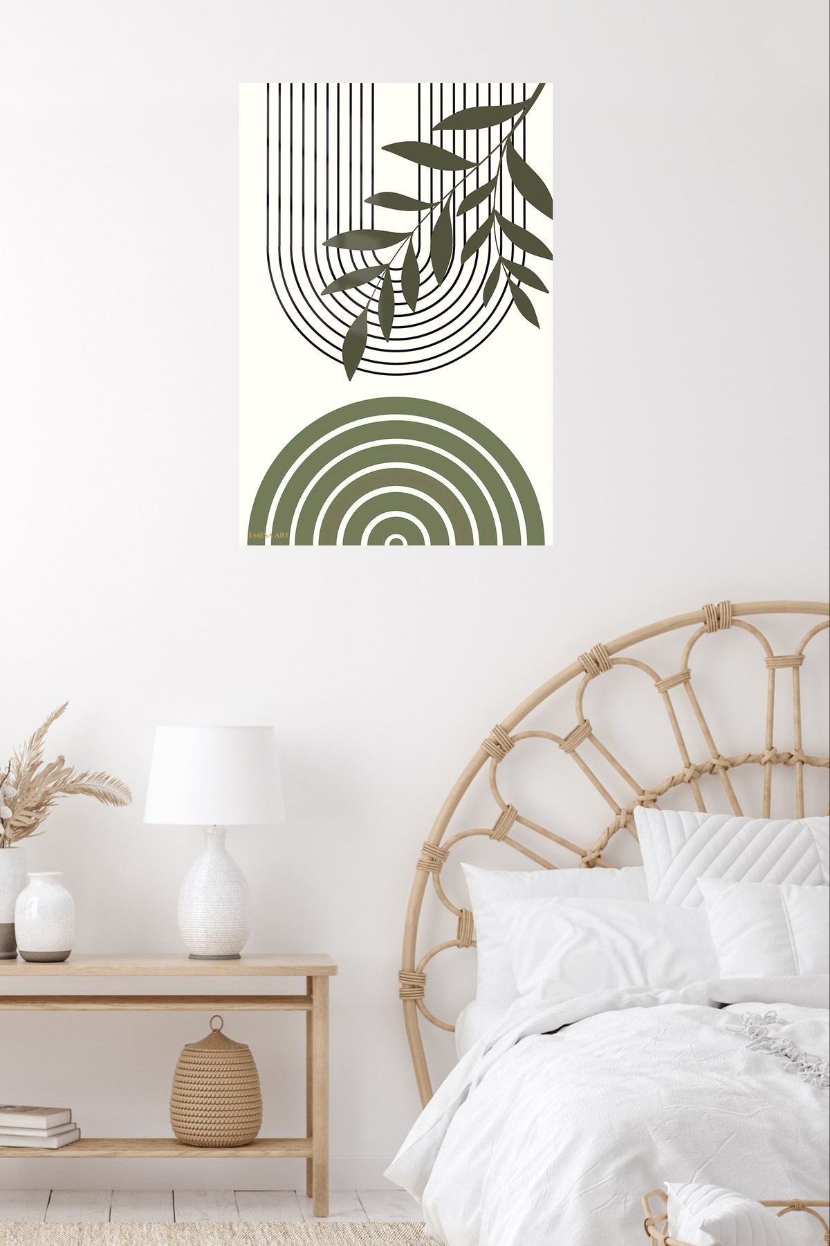 Olive Branch and Arch Forms metal wall art displayed in a contemporary living space