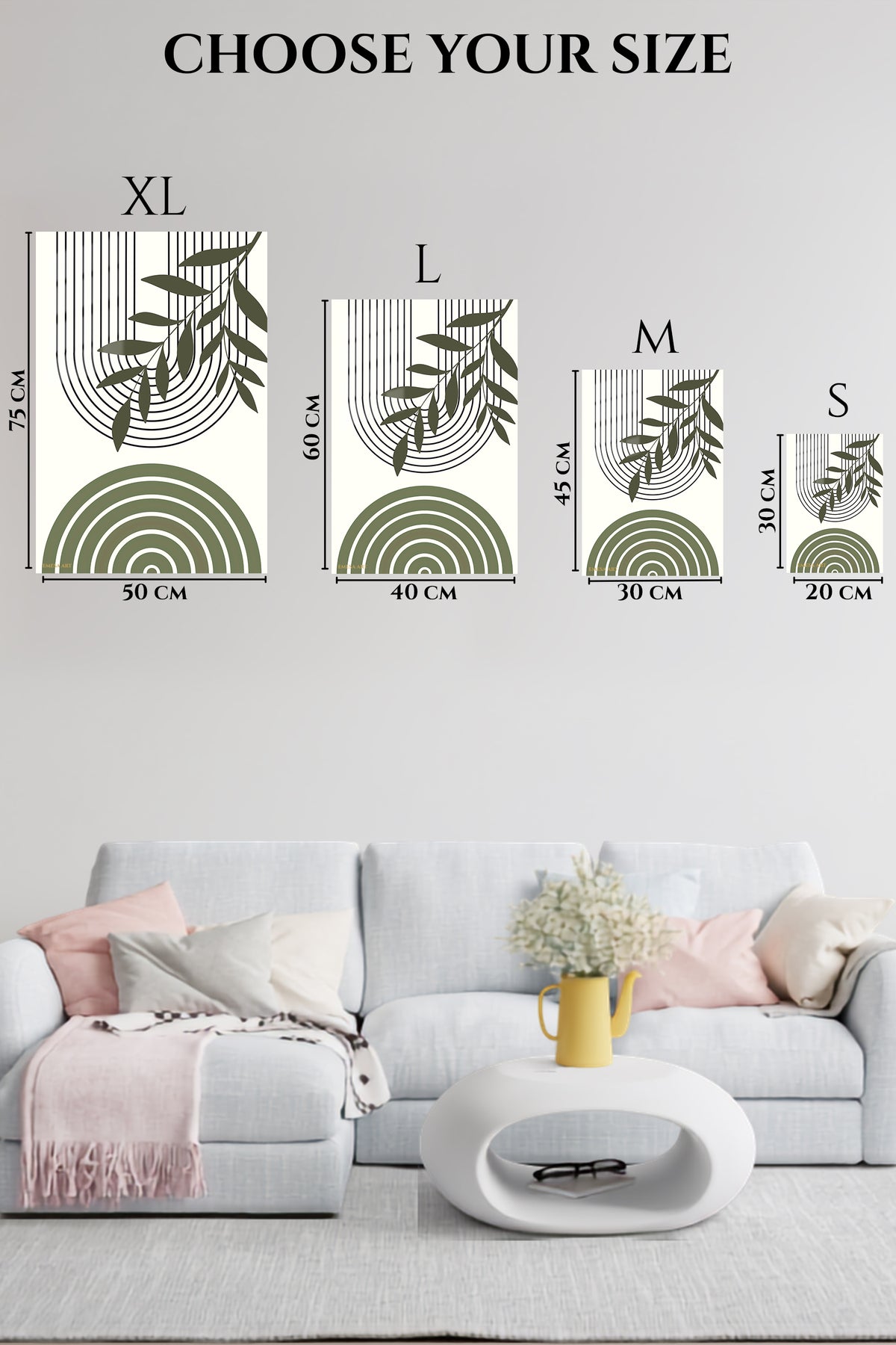EMESA metal wall art size comparison guide for Olive Branch and Arch Forms