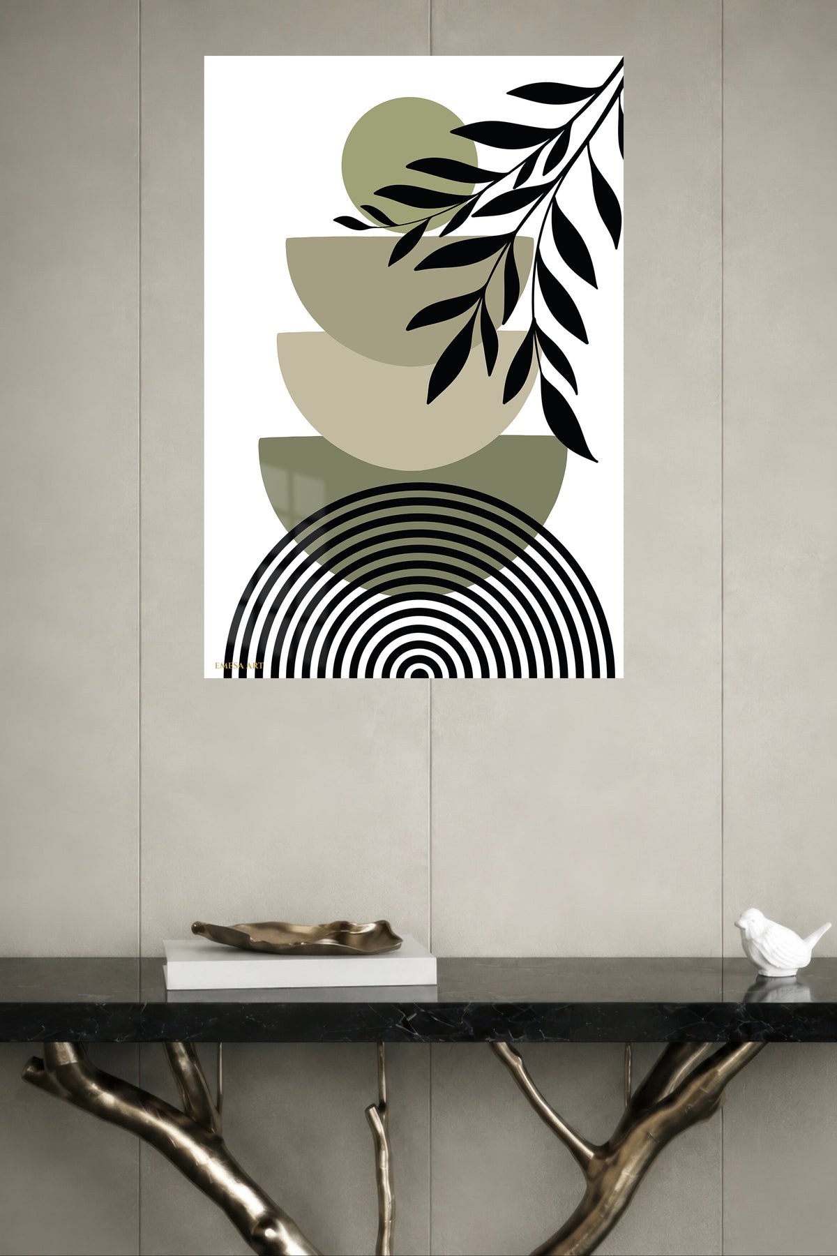 Olive Branch and Arches metal wall art displayed in a modern interior
