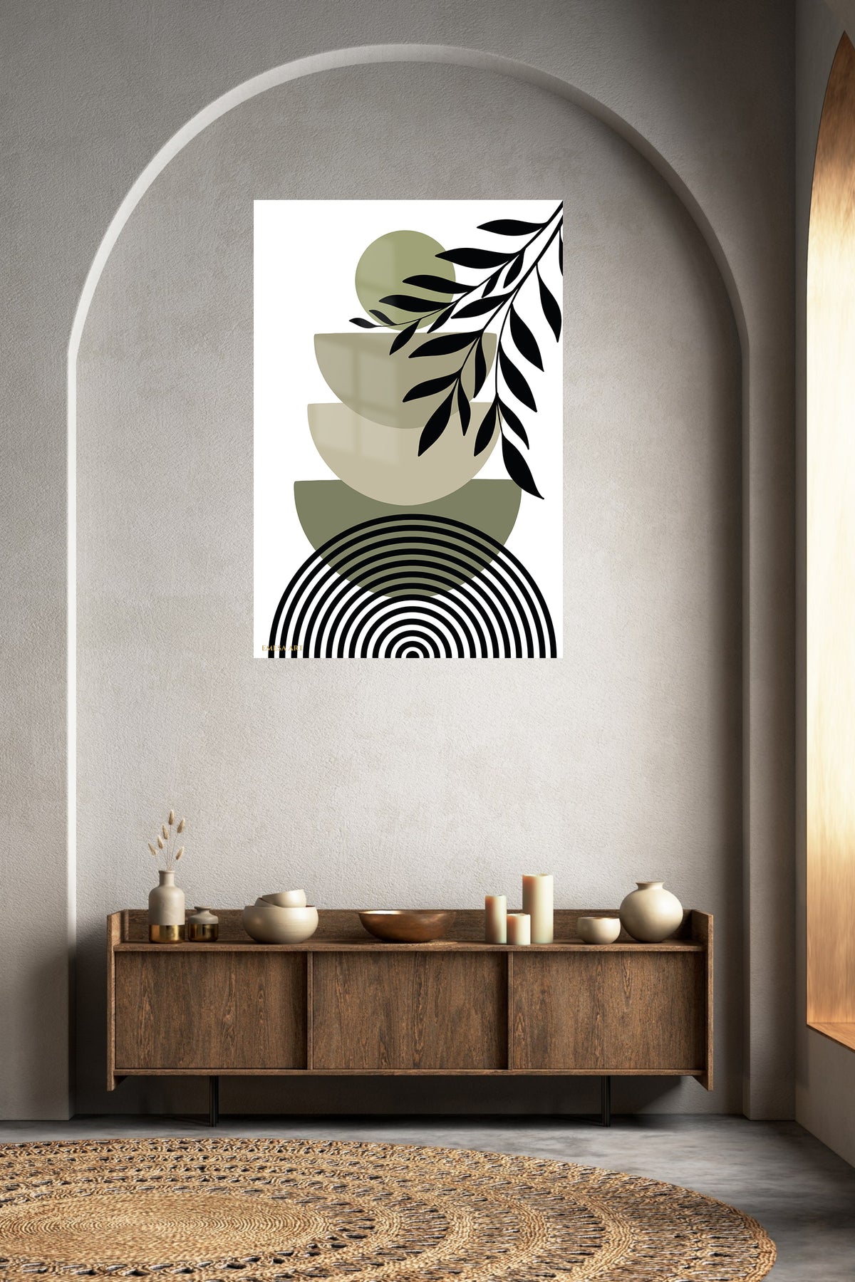 Olive Branch and Arches metal wall art displayed in a contemporary living space