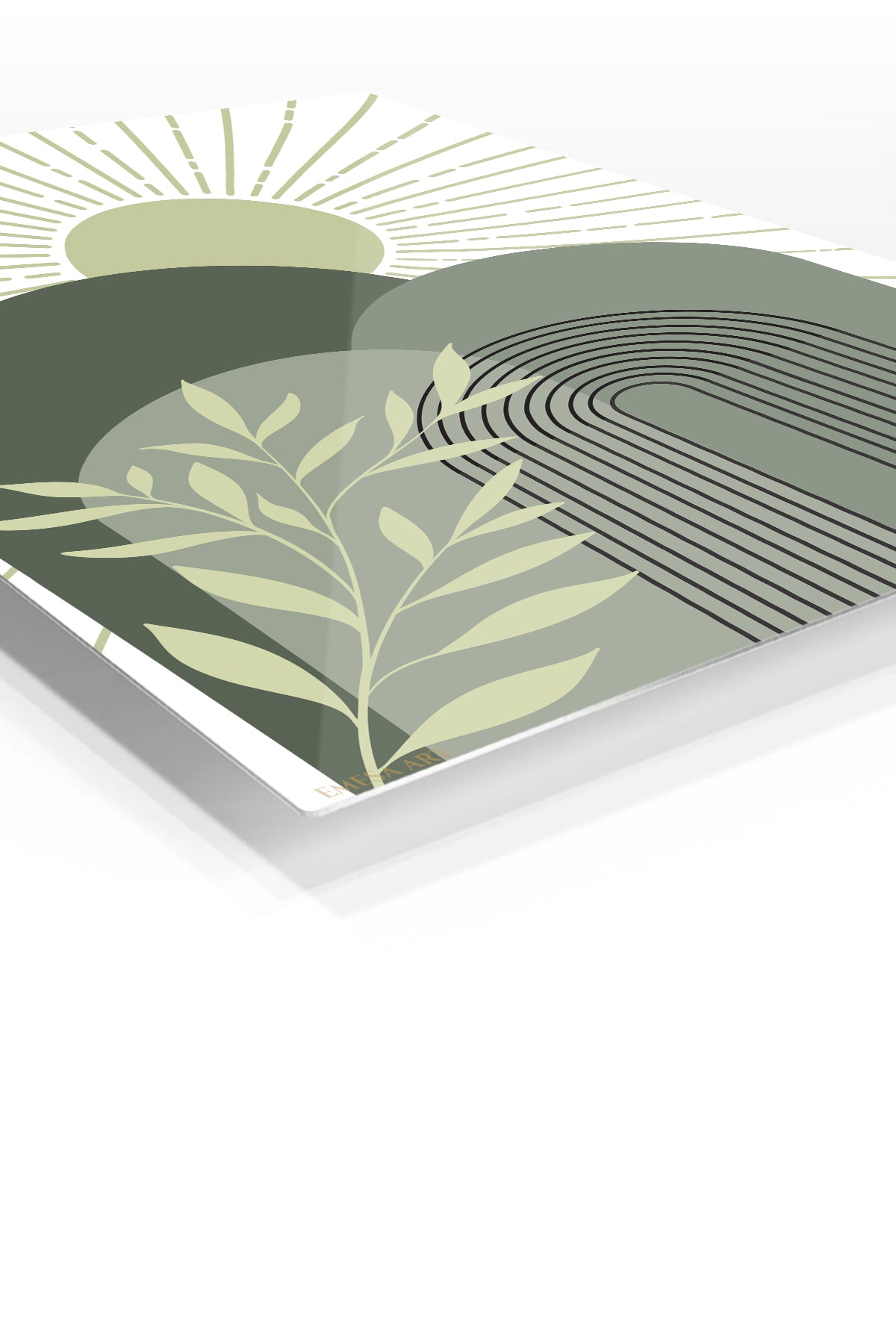 Sage Sun and Archway premium metal wall art – angled view
