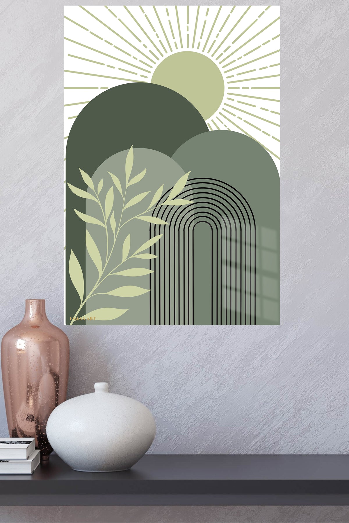 Sage Sun and Archway metal wall art displayed in a modern interior