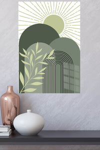 Sage Sun and Archway metal wall art displayed in a modern interior