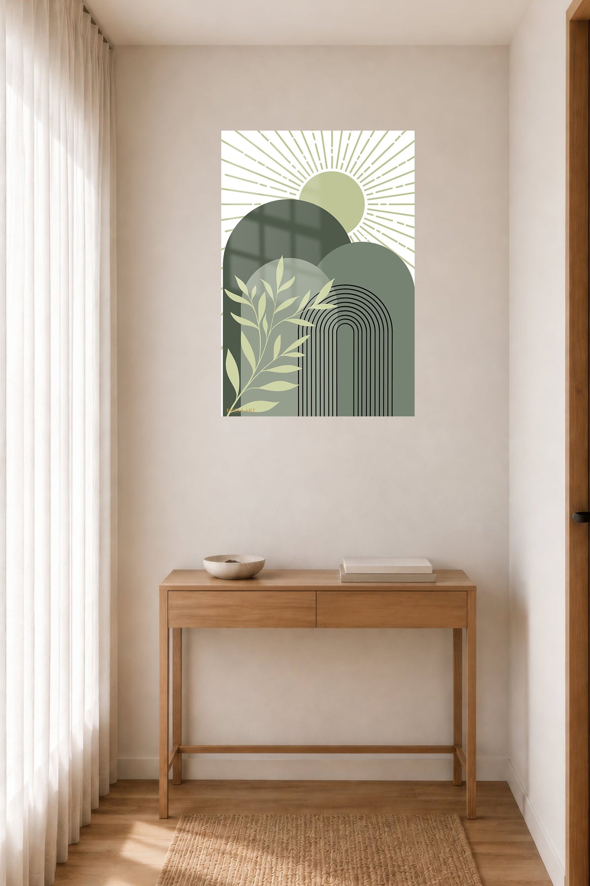 Sage Sun and Archway metal wall art displayed in a contemporary living space