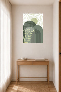 Sage Sun and Archway metal wall art displayed in a contemporary living space