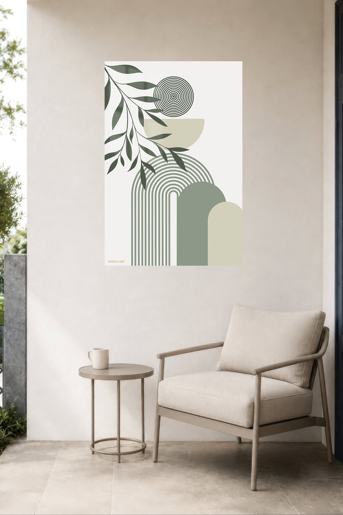 Olive Leaves and Arched Forms metal wall art displayed in a contemporary living space
