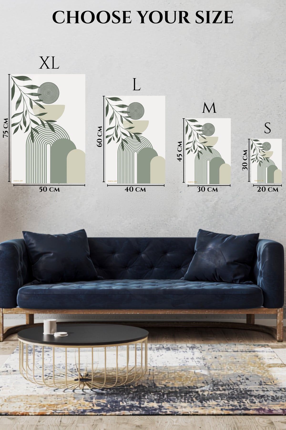 EMESA metal wall art size comparison guide for Olive Leaves and Arched Forms