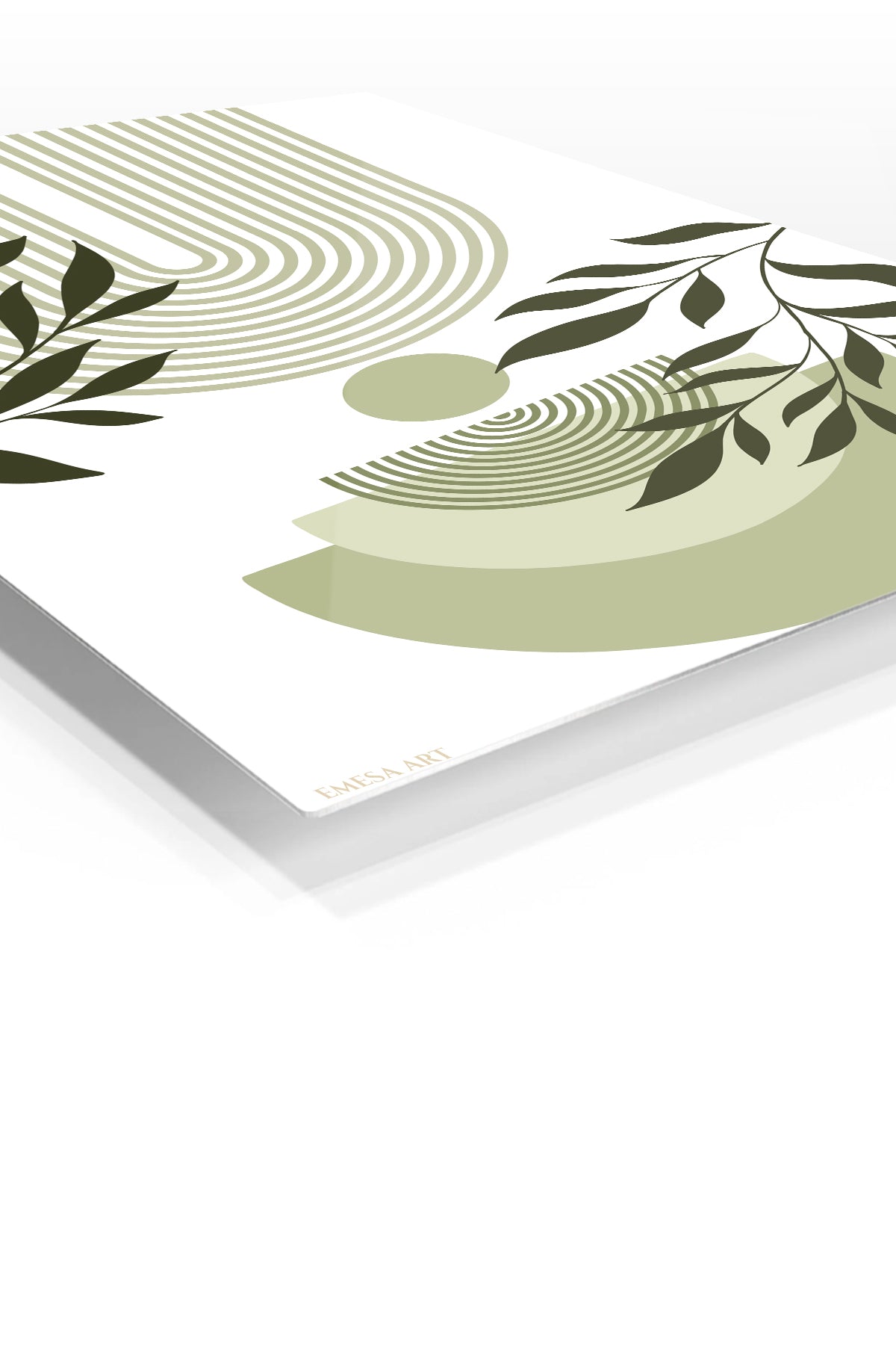 Olive Leaves and Geometric Arches premium metal wall art – angled view