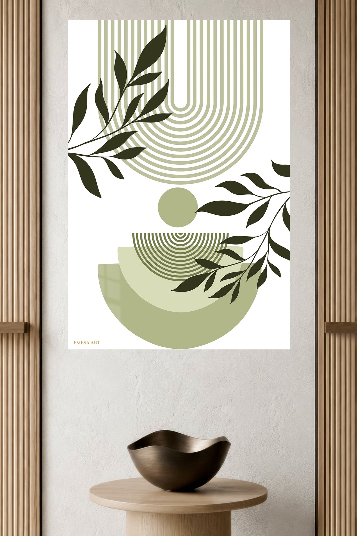 Olive Leaves and Geometric Arches metal wall art displayed in a modern interior