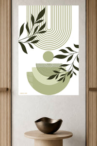 Olive Leaves and Geometric Arches metal wall art displayed in a modern interior