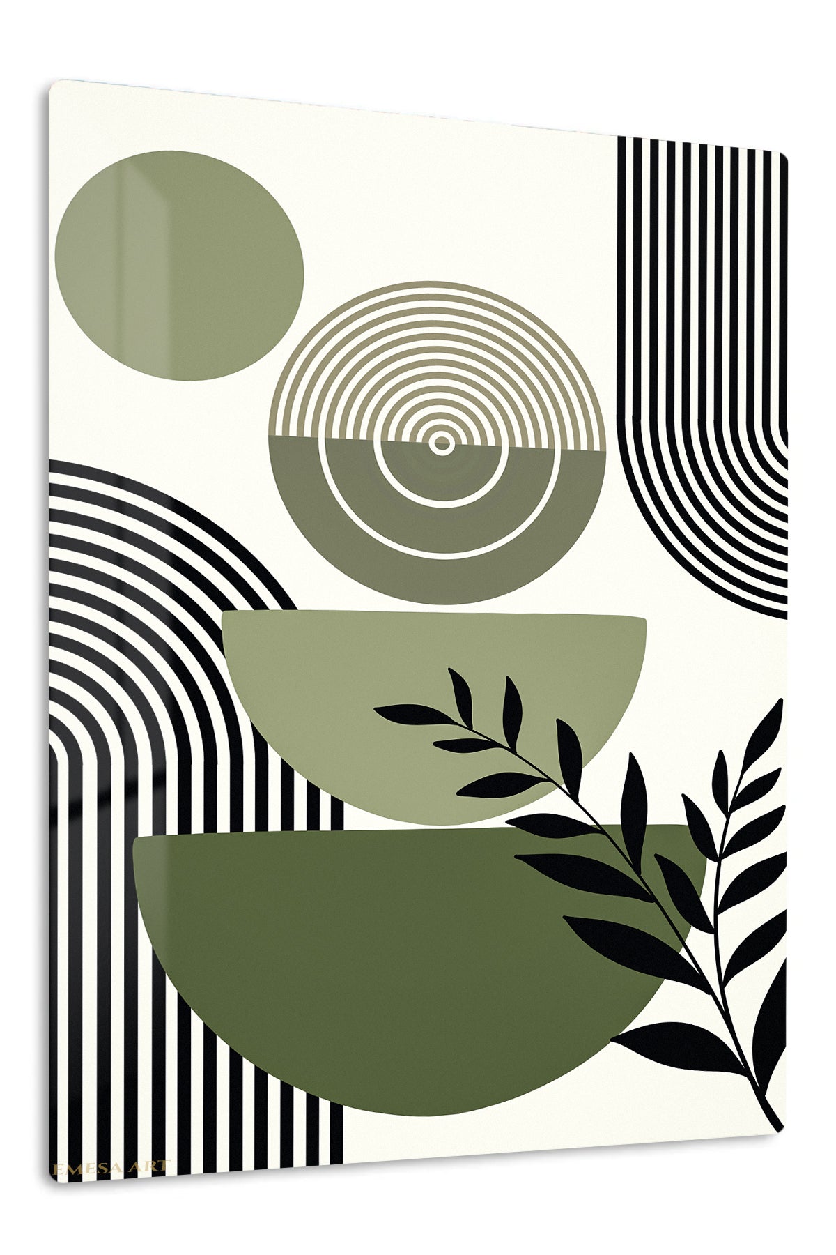 Olive Geometry Botanical Composition premium metal wall art – front view