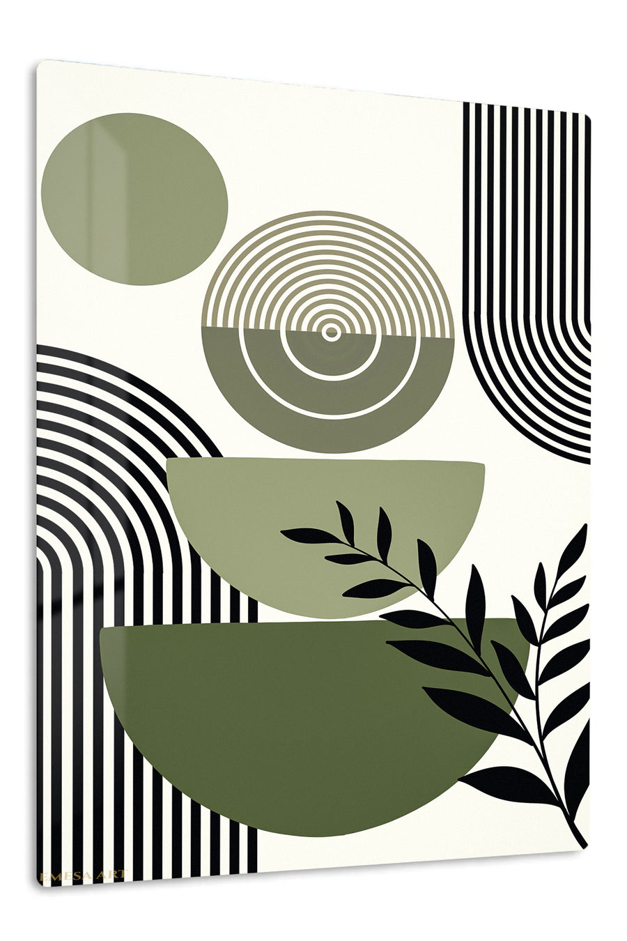 Olive Geometry Botanical Composition premium metal wall art – front view