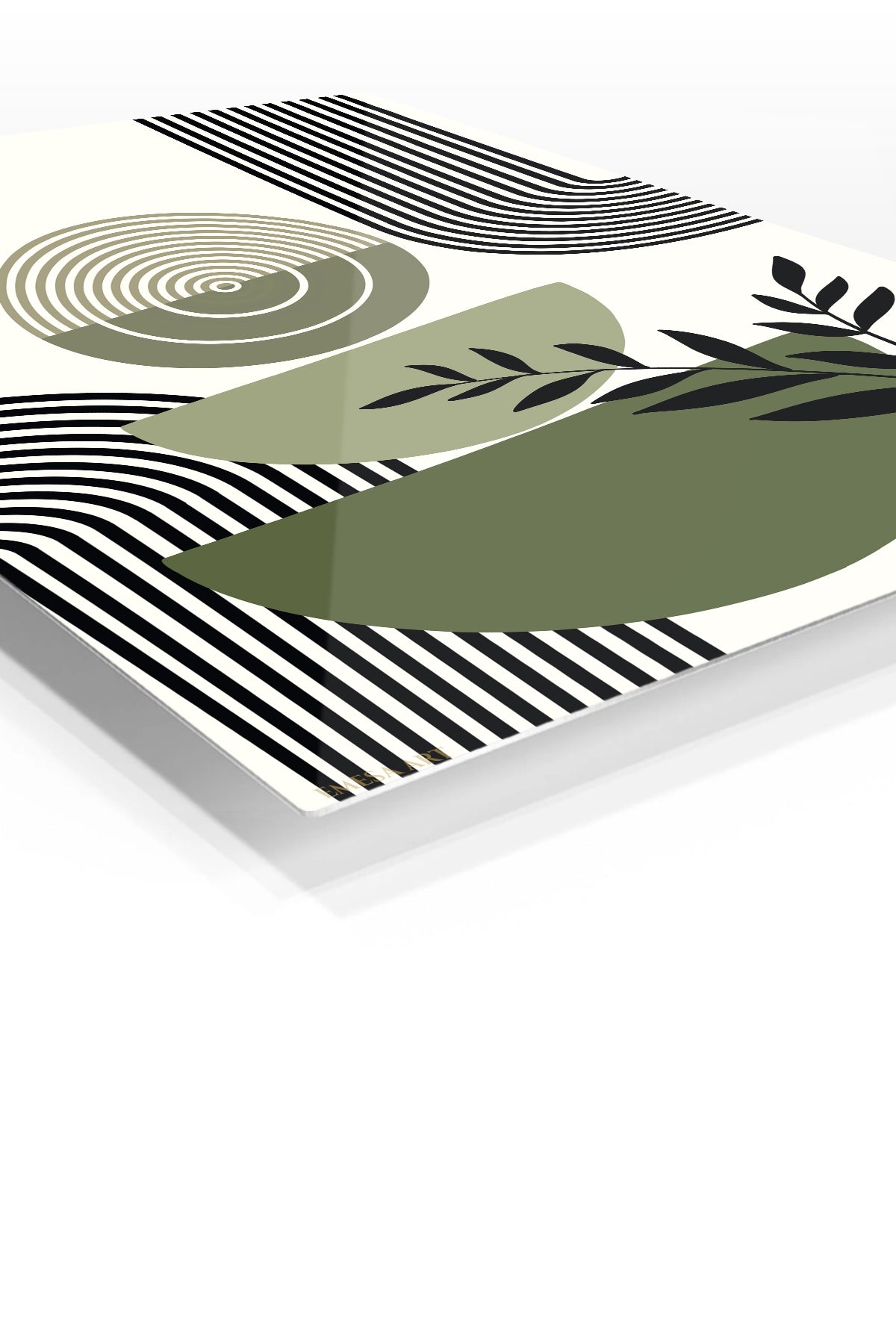 Olive Geometry Botanical Composition premium metal wall art – angled view