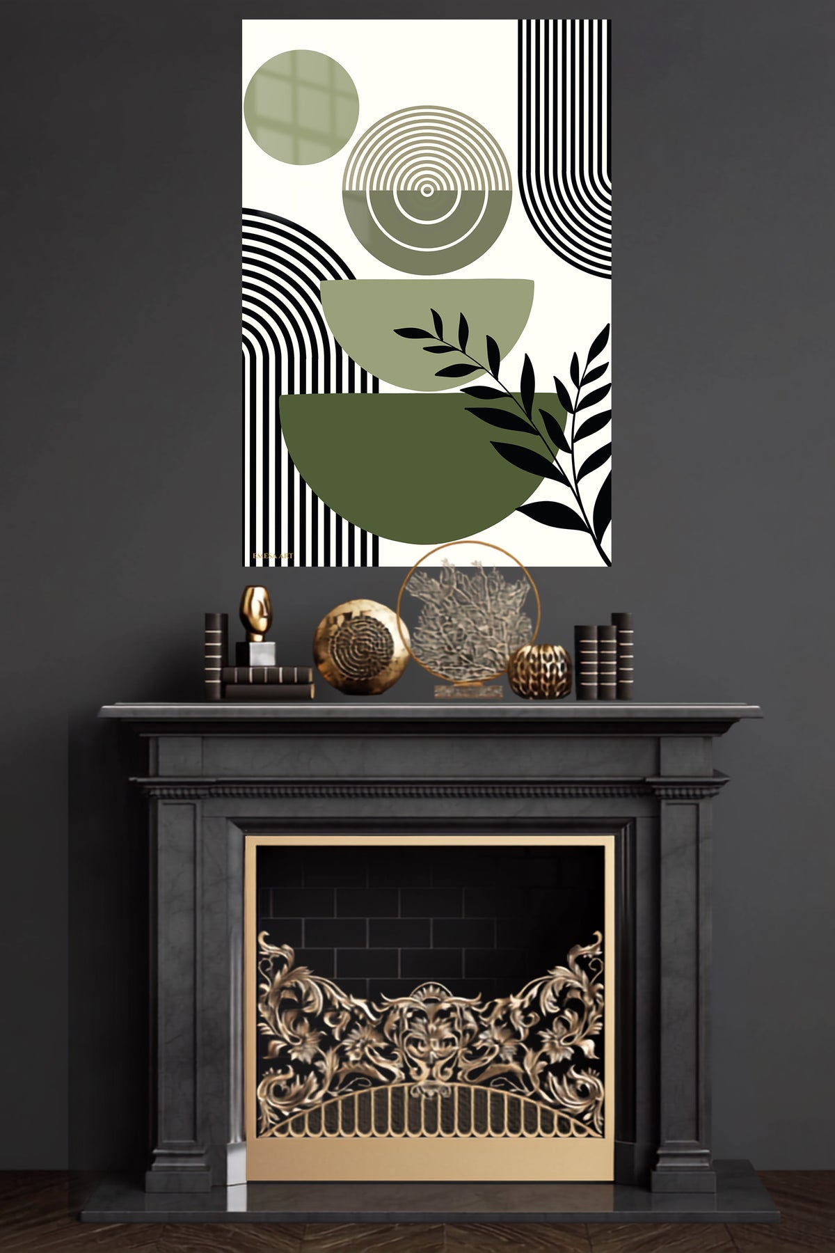 Olive Geometry Botanical Composition metal wall art displayed in a modern interior