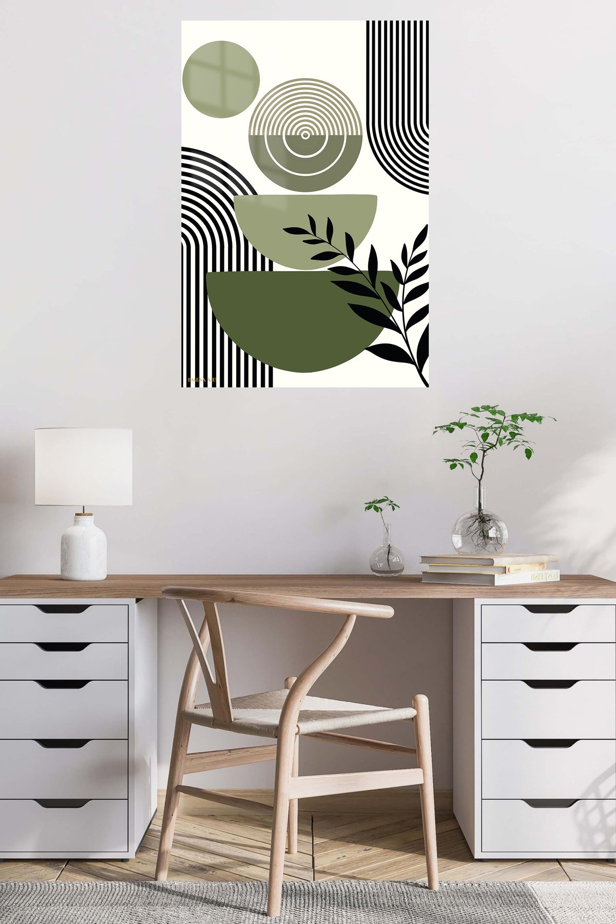 Olive Geometry Botanical Composition metal wall art displayed in a contemporary living space