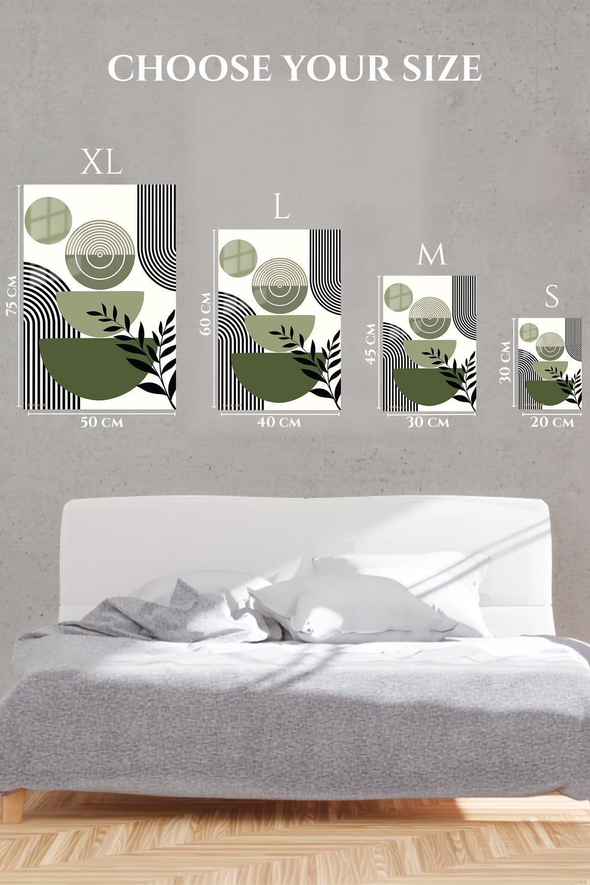 EMESA metal wall art size comparison guide for Olive Geometry Botanical Composition