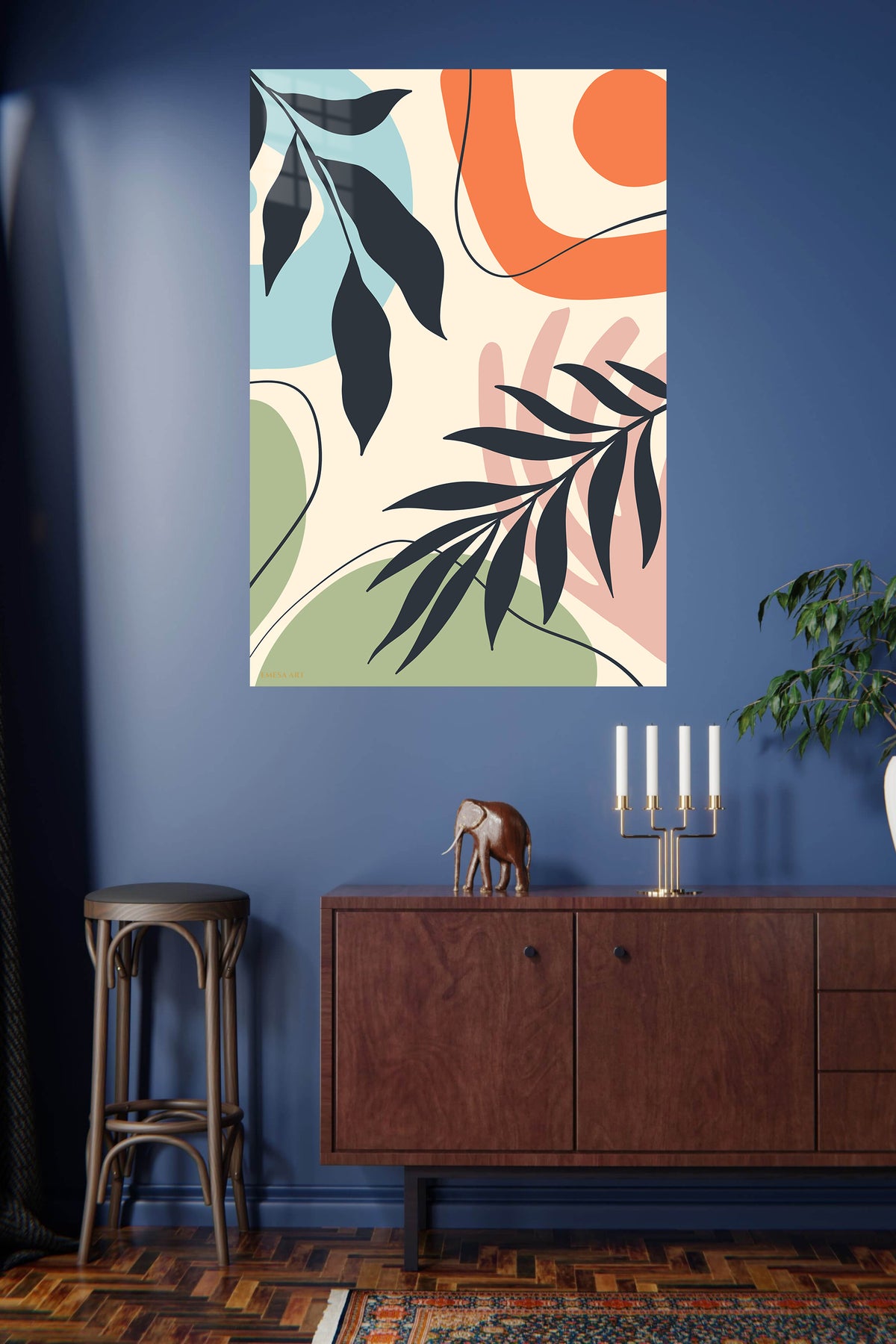 Abstract Botanical Harmony metal wall art displayed in a modern interior