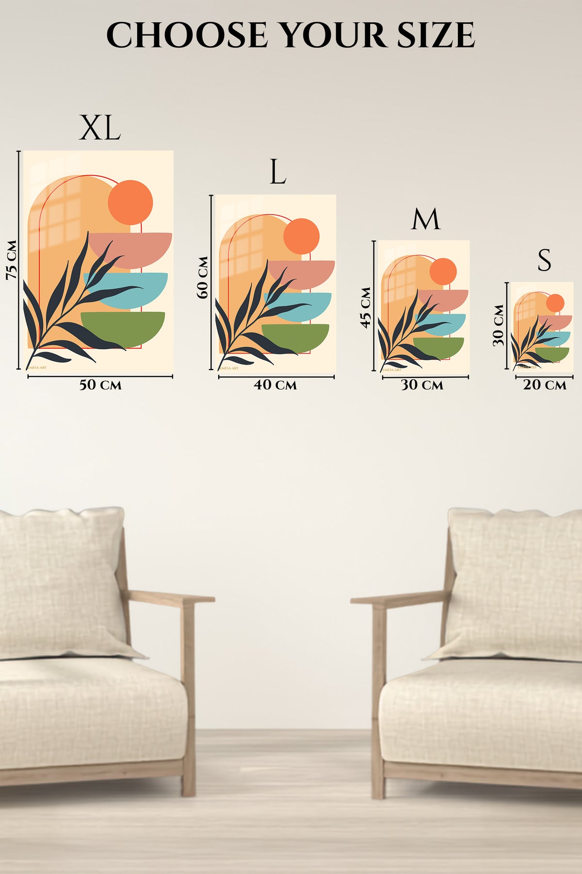 EMESA metal wall art size comparison guide for Terracotta Botanical Balance