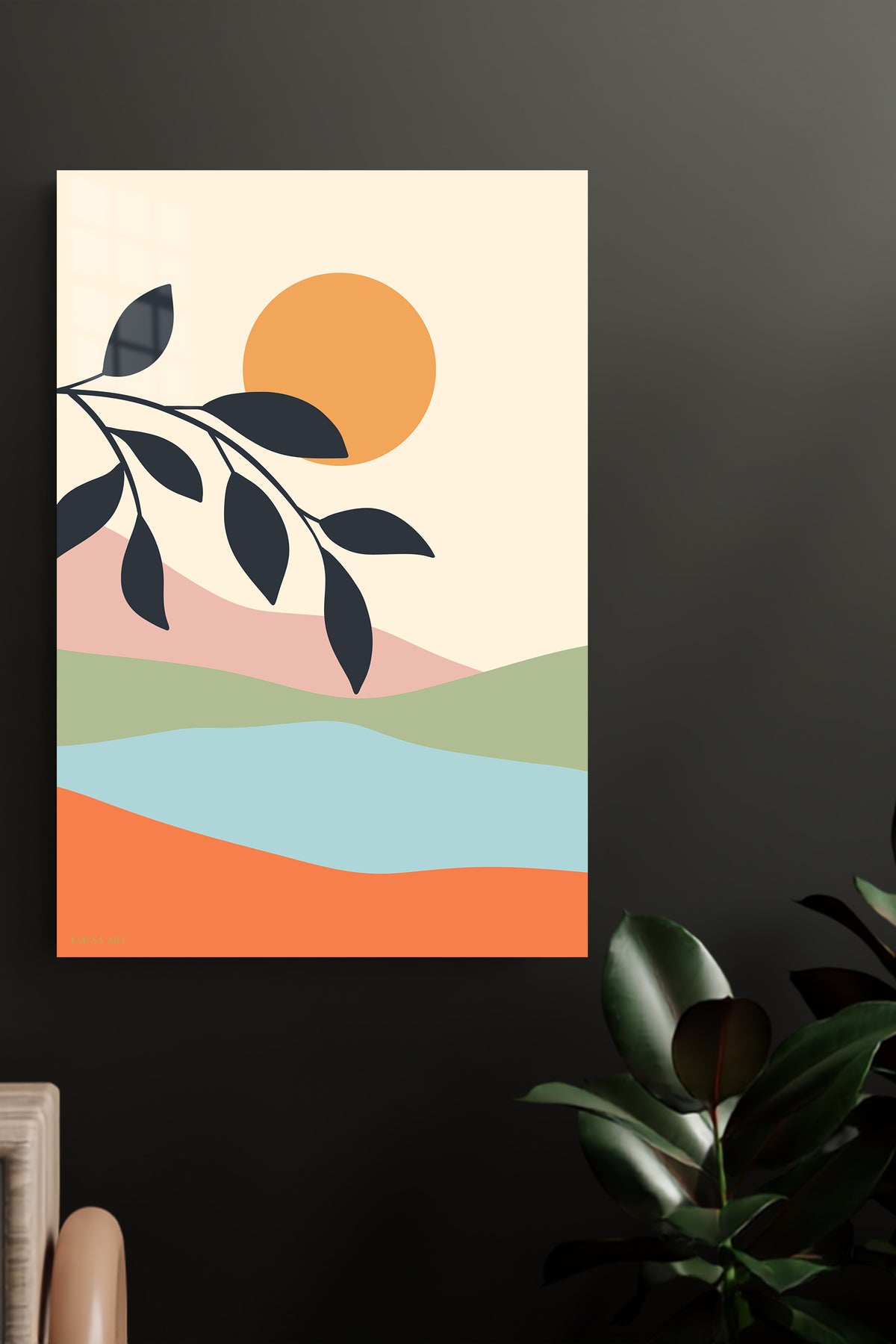 Sunlit Botanical Hills metal wall art displayed in a modern interior