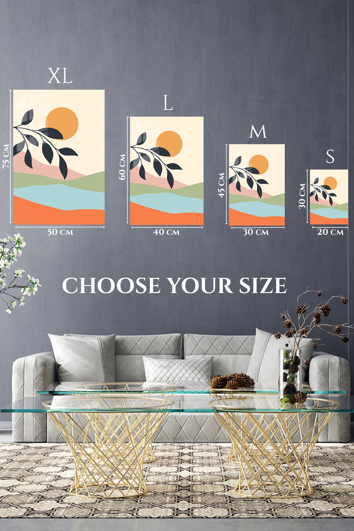 EMESA metal wall art size comparison guide for Sunlit Botanical Hills