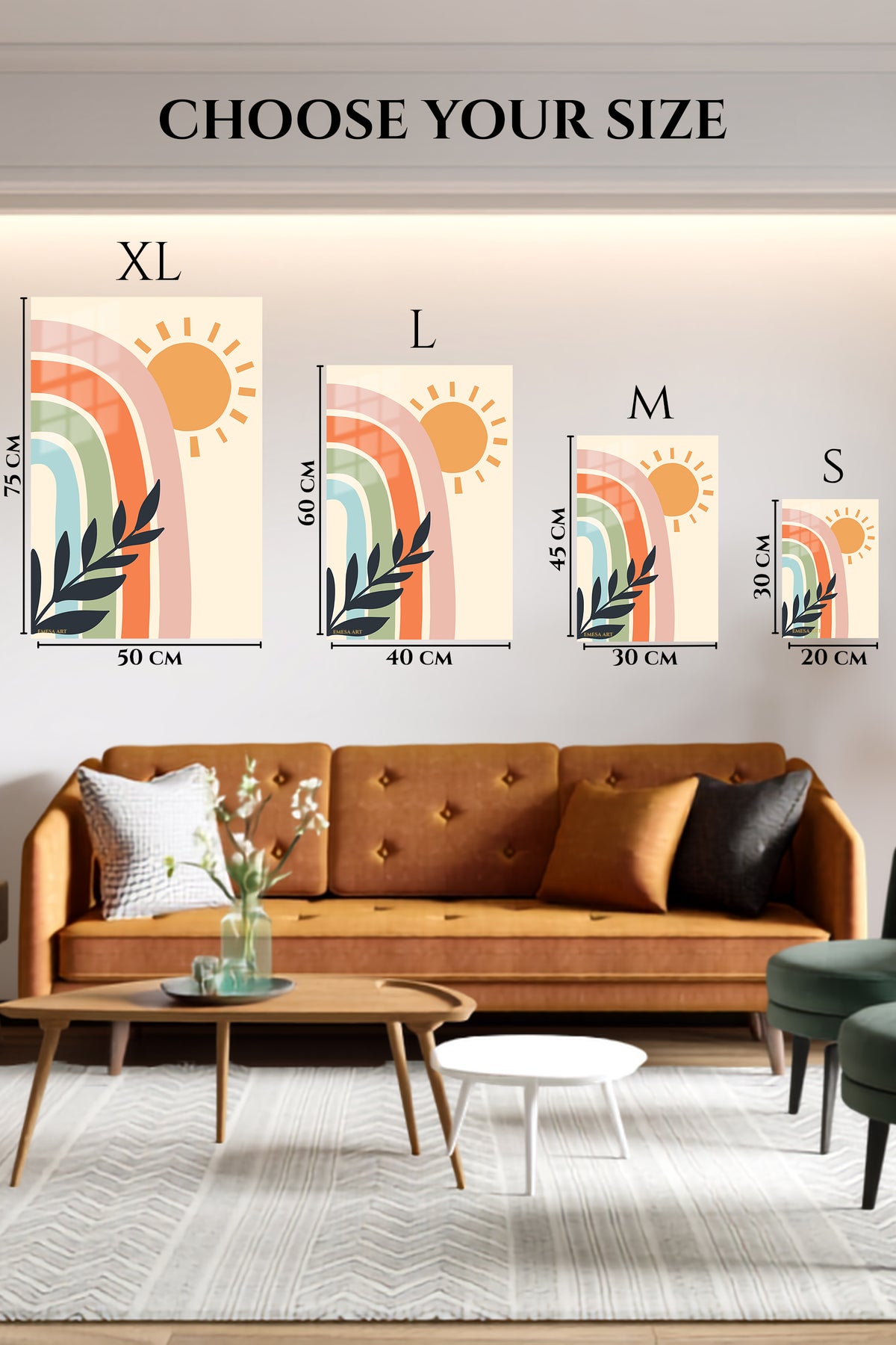 EMESA metal wall art size comparison guide for Sunlit Rainbow Leaves