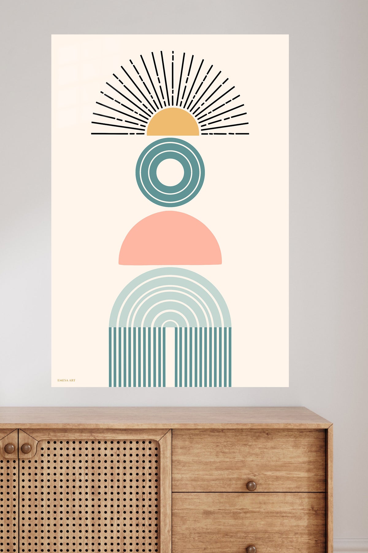 Retro Sun and Arch Balance metal wall art displayed in a modern interior