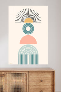 Retro Sun and Arch Balance metal wall art displayed in a modern interior